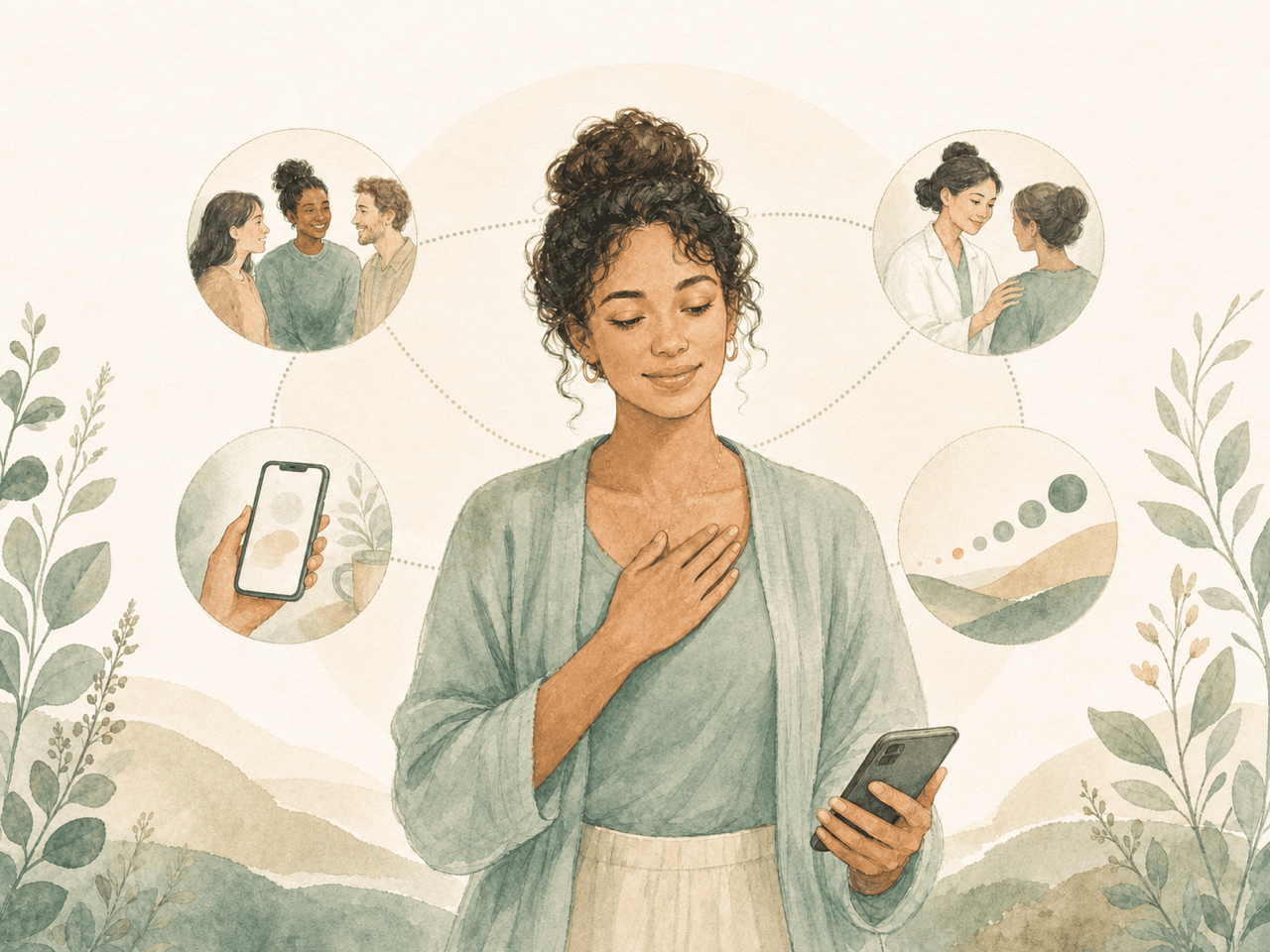 A woman checking in with herself, surrounded by scenes of community, compassionate care, daily reflection, and progress.