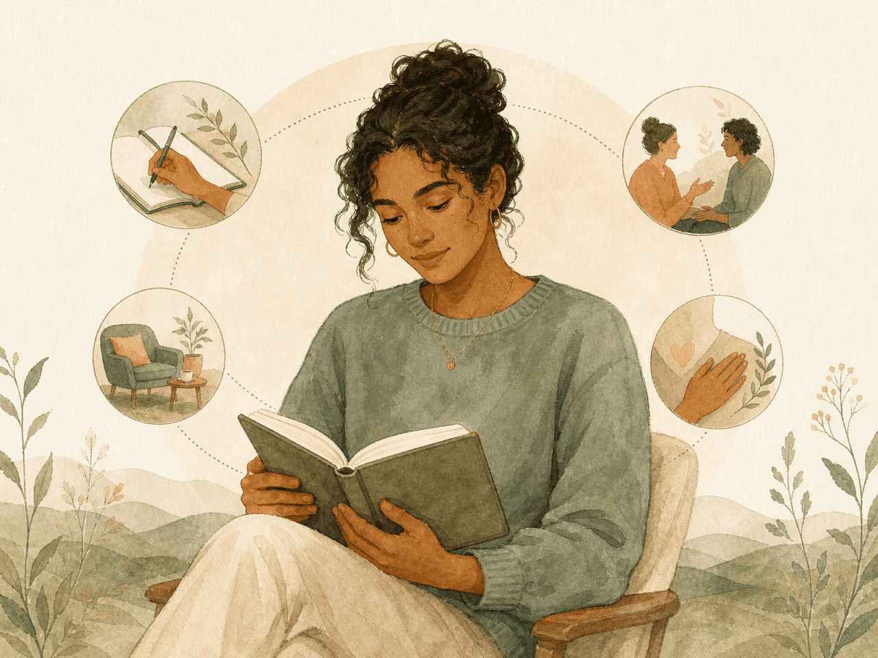 A person reading a journal, surrounded by gentle scenes of reflection, conversation, rest, and compassionate care.