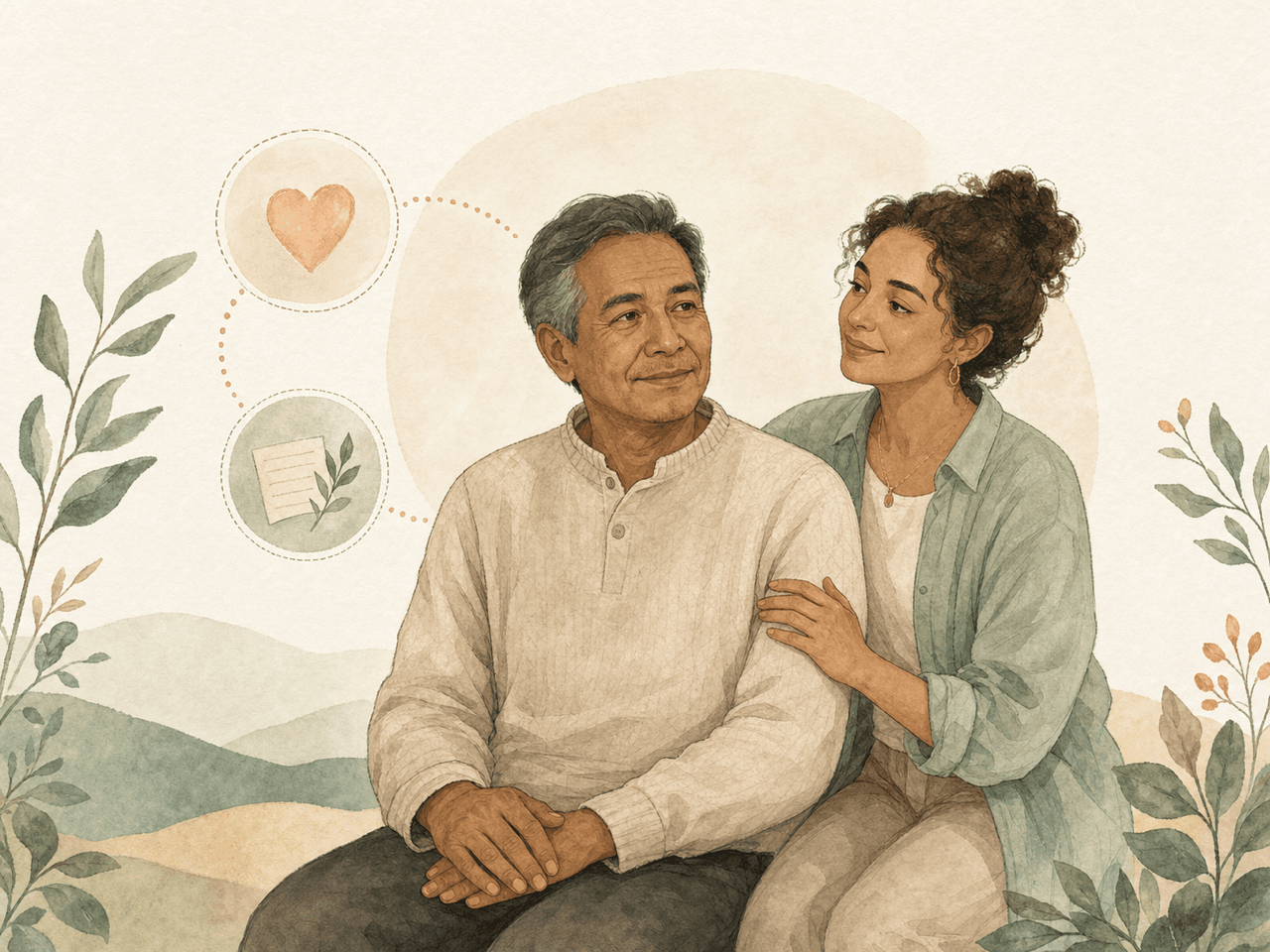A family caregiver sitting supportively beside a relative, with symbols for care and shared notes.
