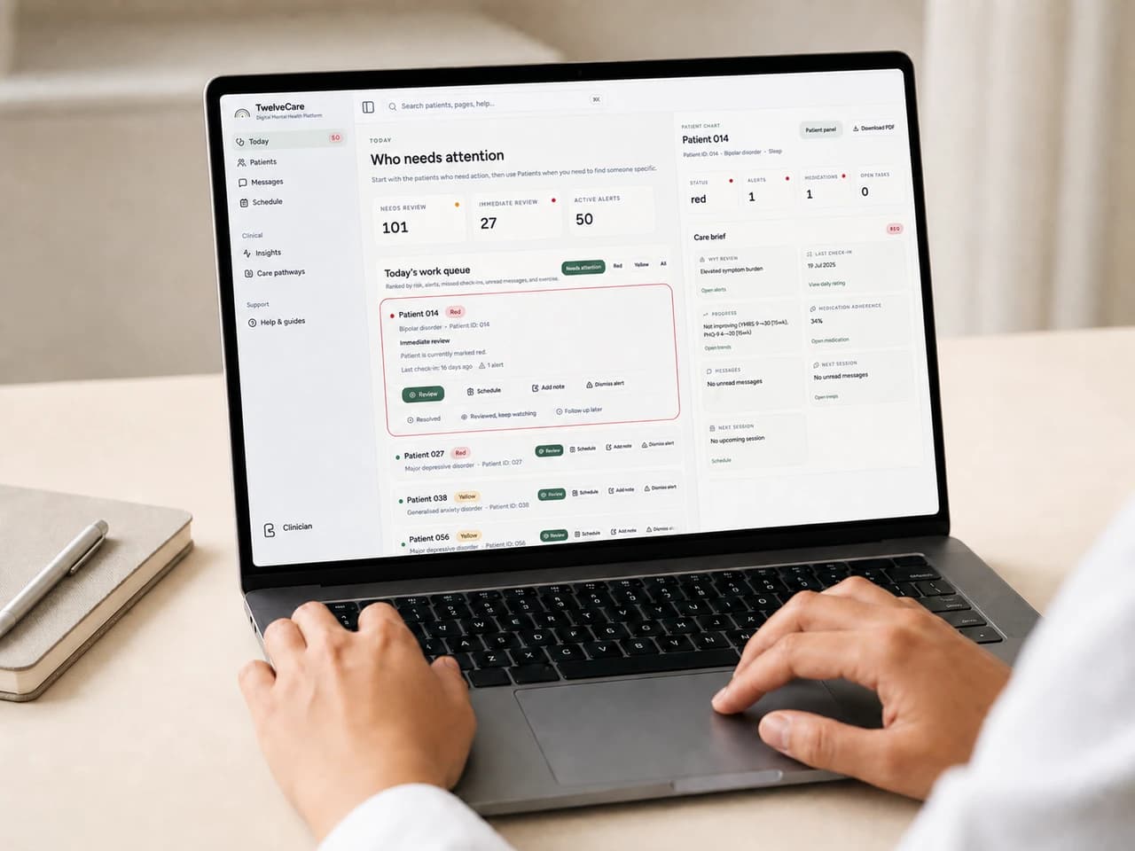 A clinician uses the TwelveCare dashboard on a laptop to prioritize a work queue and review a patient care brief.