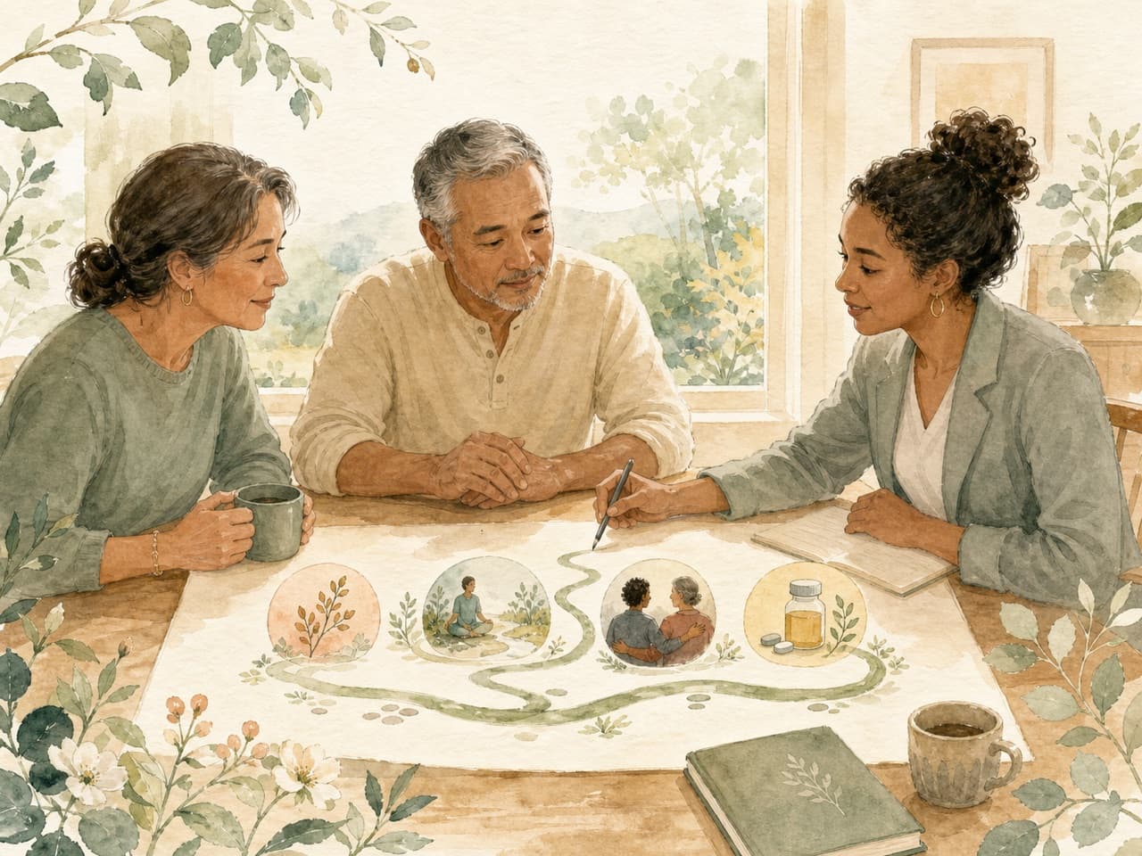 A patient, caregiver, and clinician arranging a practical relapse-prevention plan together.