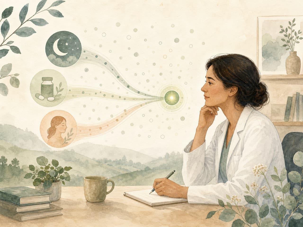 A clinician calmly reviewing several patient signals as they converge into one meaningful pattern.